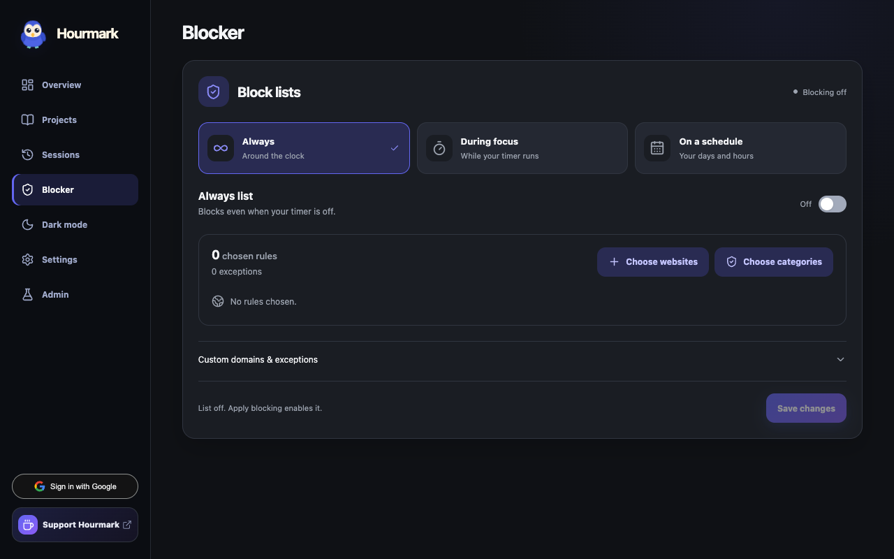 Blocker with Always blocked and During focus lists