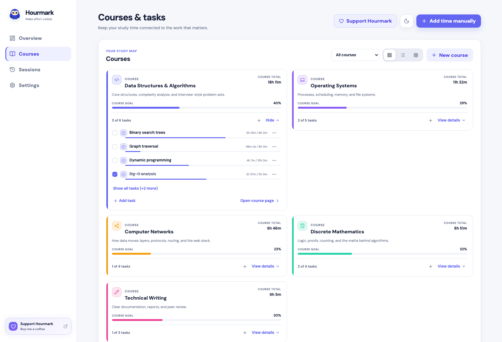 Course card expanded into its task checklist
