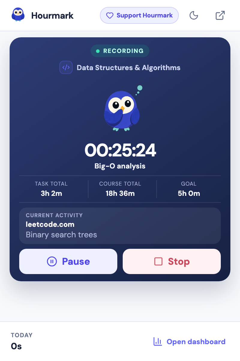 Hourmark popup, active session