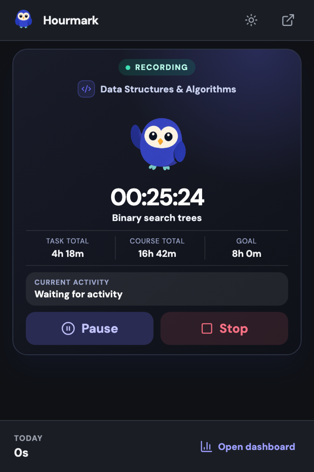 Hourmark popup, active session