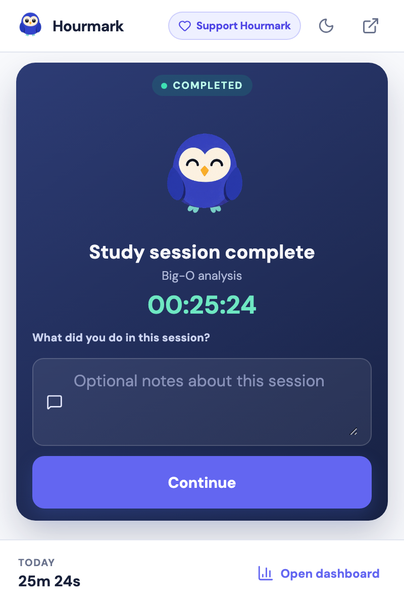 Session complete, with a notes prompt