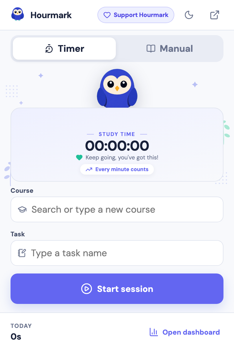 Hourmark popup, idle state