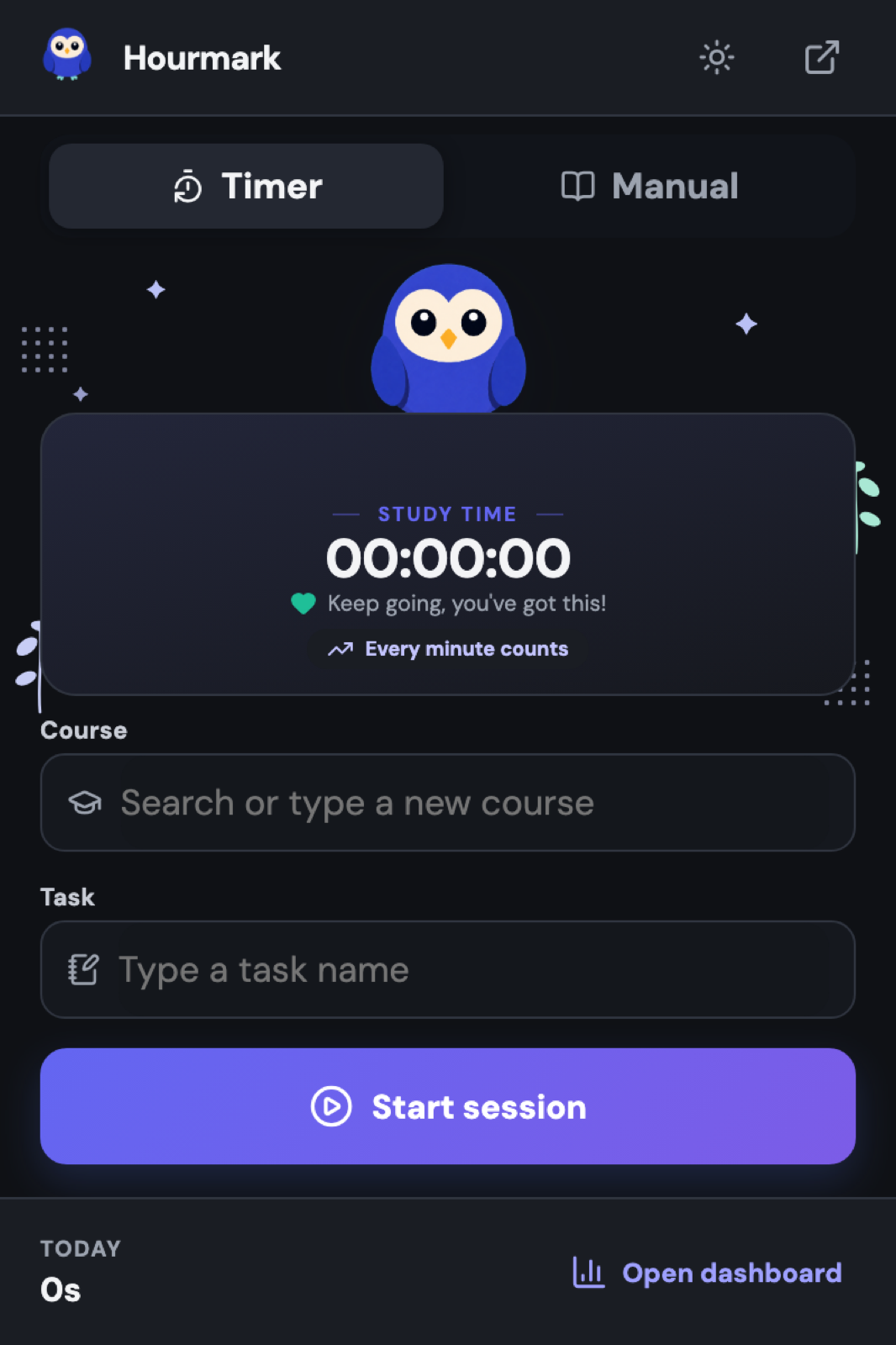 Hourmark popup, idle state